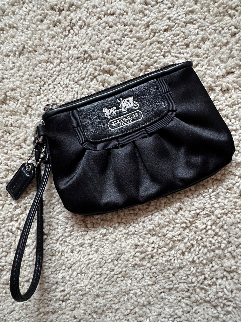 Coach Black Satin Wristlet Clutch with Silver Logo